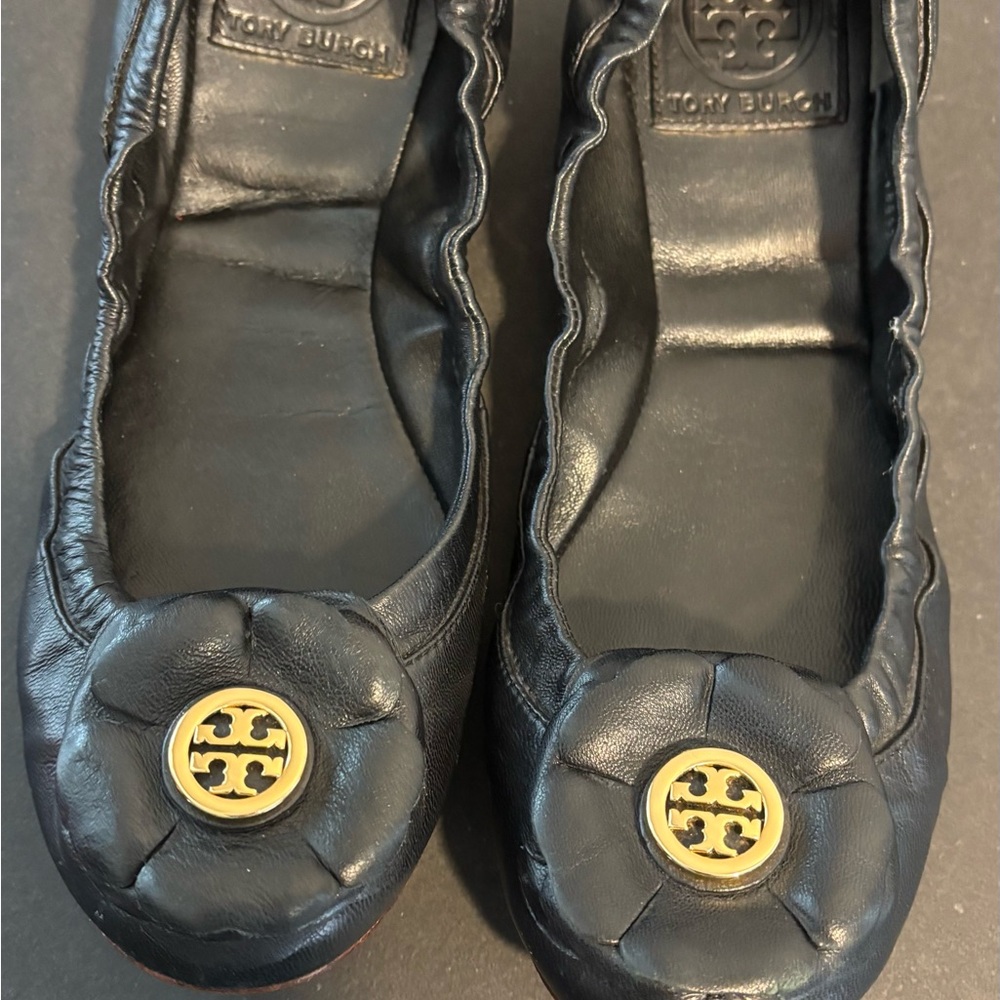 Tory Burch Black Leather Flats with Gold Emblem